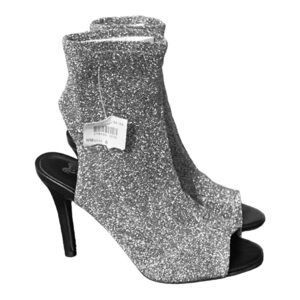 Silver Metallic Knit Sock Ankle Bootie Open Toe High Heel Women’s Size 6…